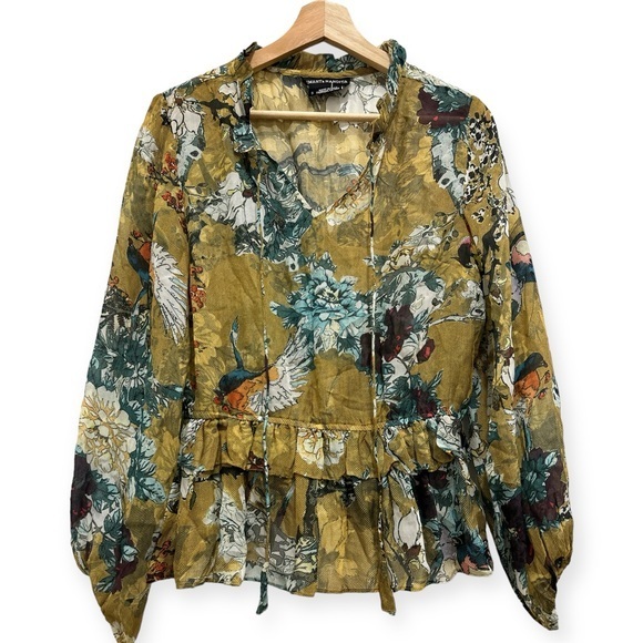 HEMANT & NANDITA Tops - Hemant Nandita Shirt Women Small Yellow Green Silk Citron Chartreuse Floral Bird